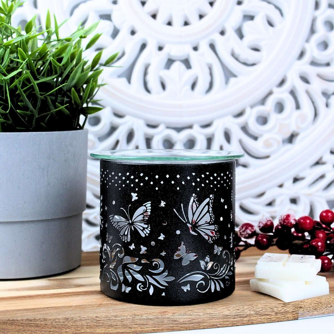 Tea Light Wax Melt Burner Butterfly Silhouette Black & Silver